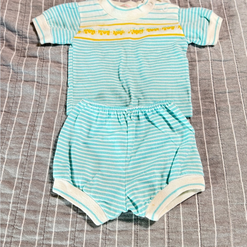 Vintage 80s Healthtex Knit Baby Outfit with Blue and Yellow Stripes